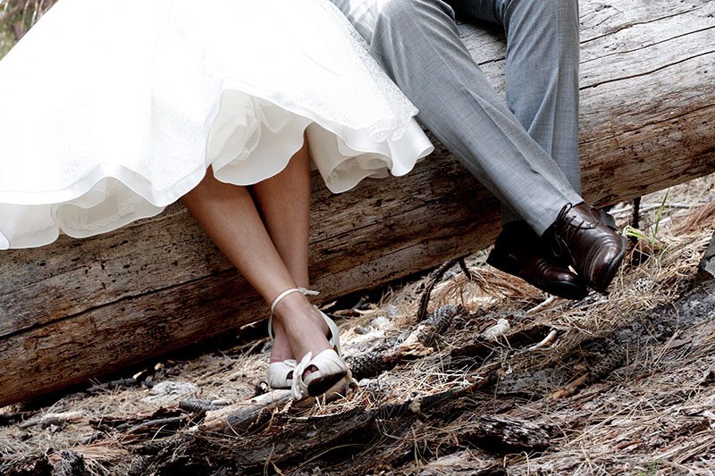 Bride and groom sitting on a log