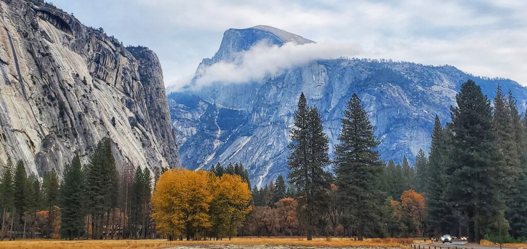 Fall view of Half Dome in Yosemite Valley