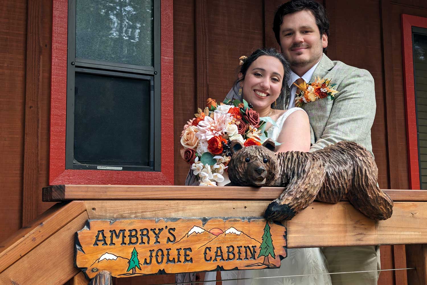Wedding couple at their Redwoods In Yosemite cabin
