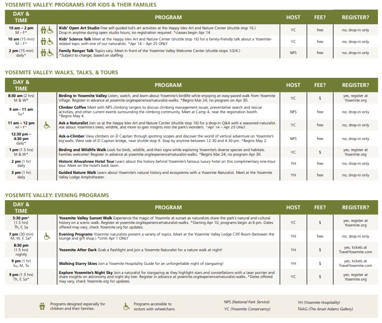 Yosemite Valley events and programs in the Yosemite Guide