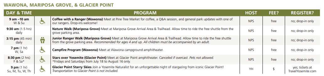 Yosemite programs for 2025 July 16 to Aug 19