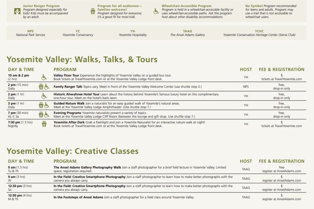 Yosemite Guide programs from Nov 26 to January 27, 2026.