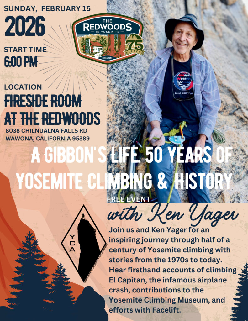 Poster for rock climbing history event by Ken Yager
