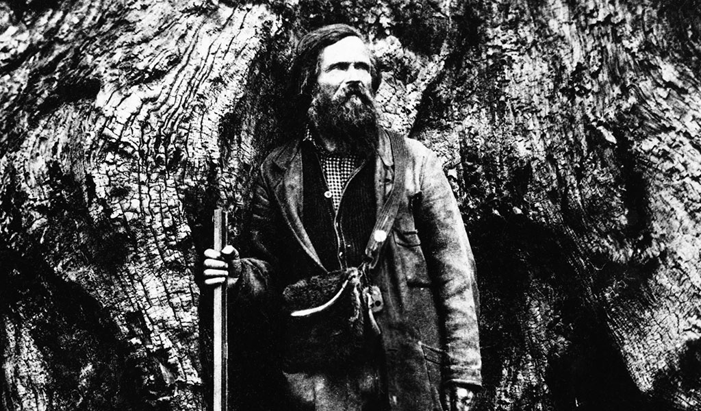 Galen Clark standing in front of a giant sequoia tree.