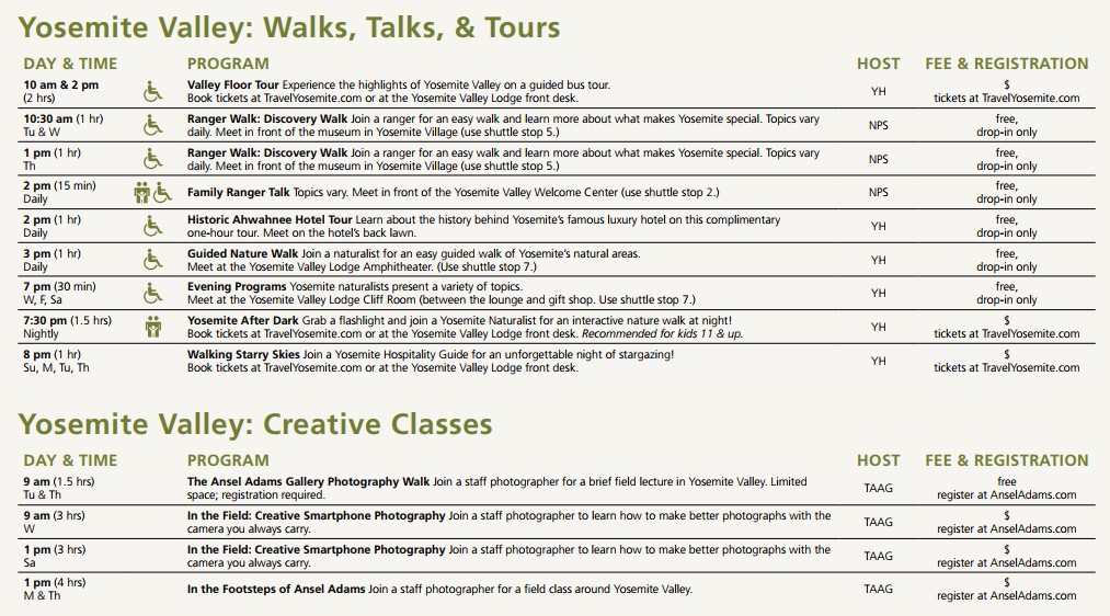 Yosemite Valley Programs from the Yosemite Guide