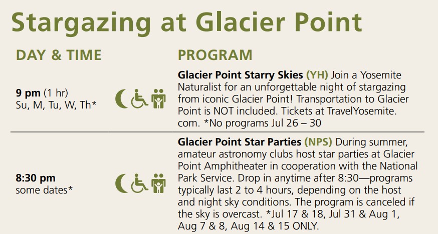 Stargazing programs at Glacier Point